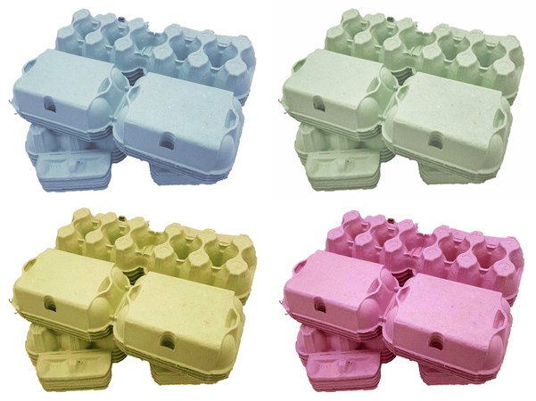 64 X NEW HALF DOZEN 4 MIXED COLOURS 'FLAT TOP' EGG BOXES (16 OF EACH COLOUR) B/Y/P & GREEN